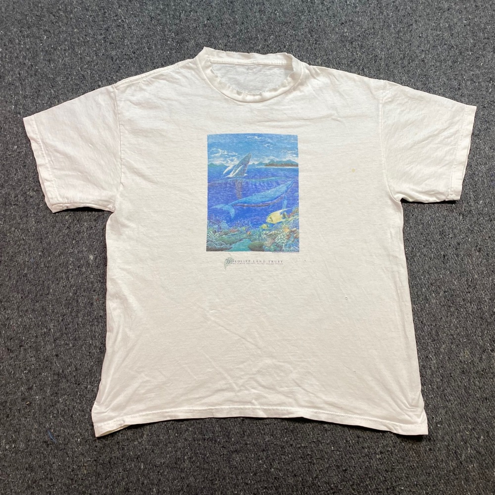 Wildlife Land Trust TShirt Sz L Mens White Grunge Whale Graphic Ocean Nature 05